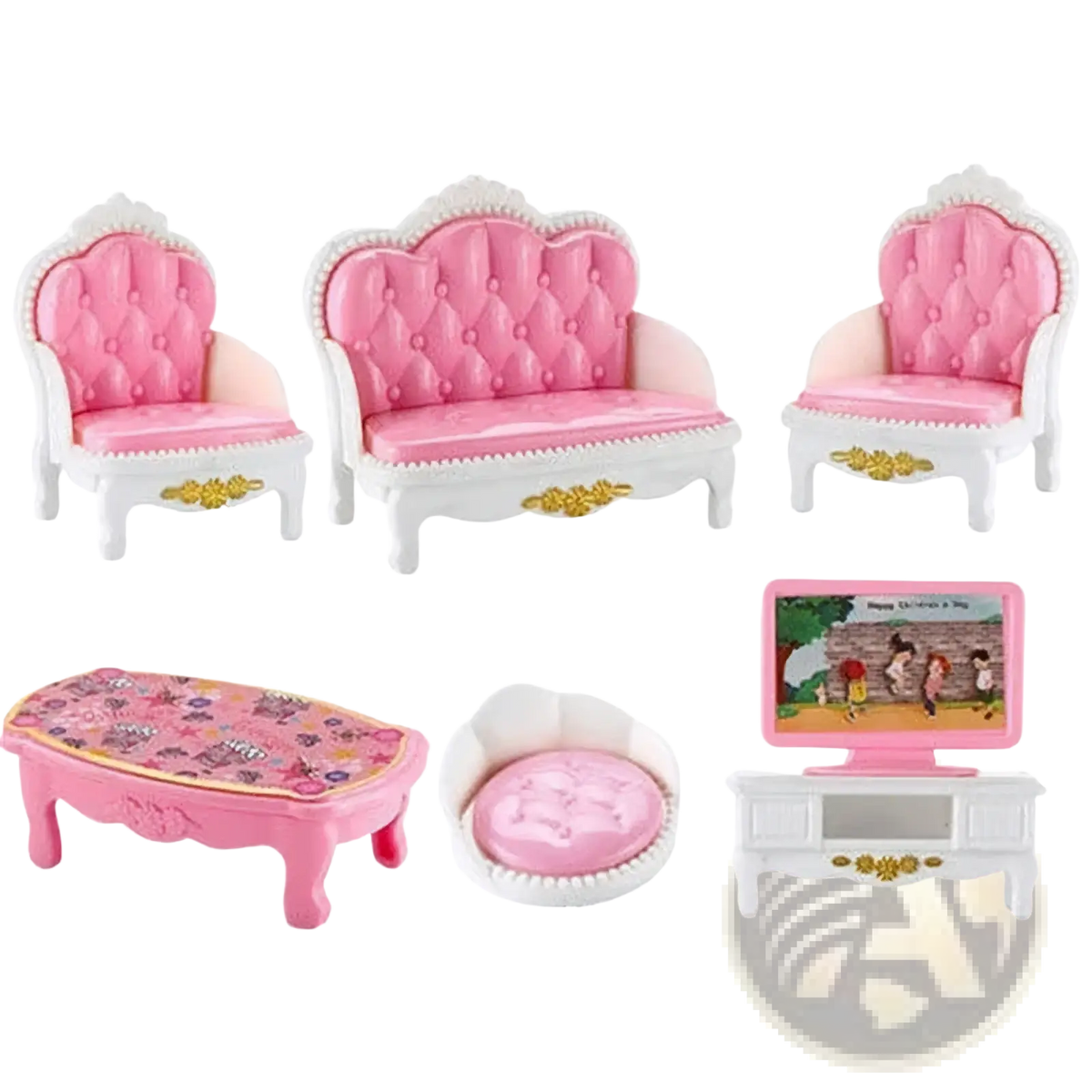 1 12 miniature dollhouse furniture set featuring pink and white tufted upholstery with gold accents