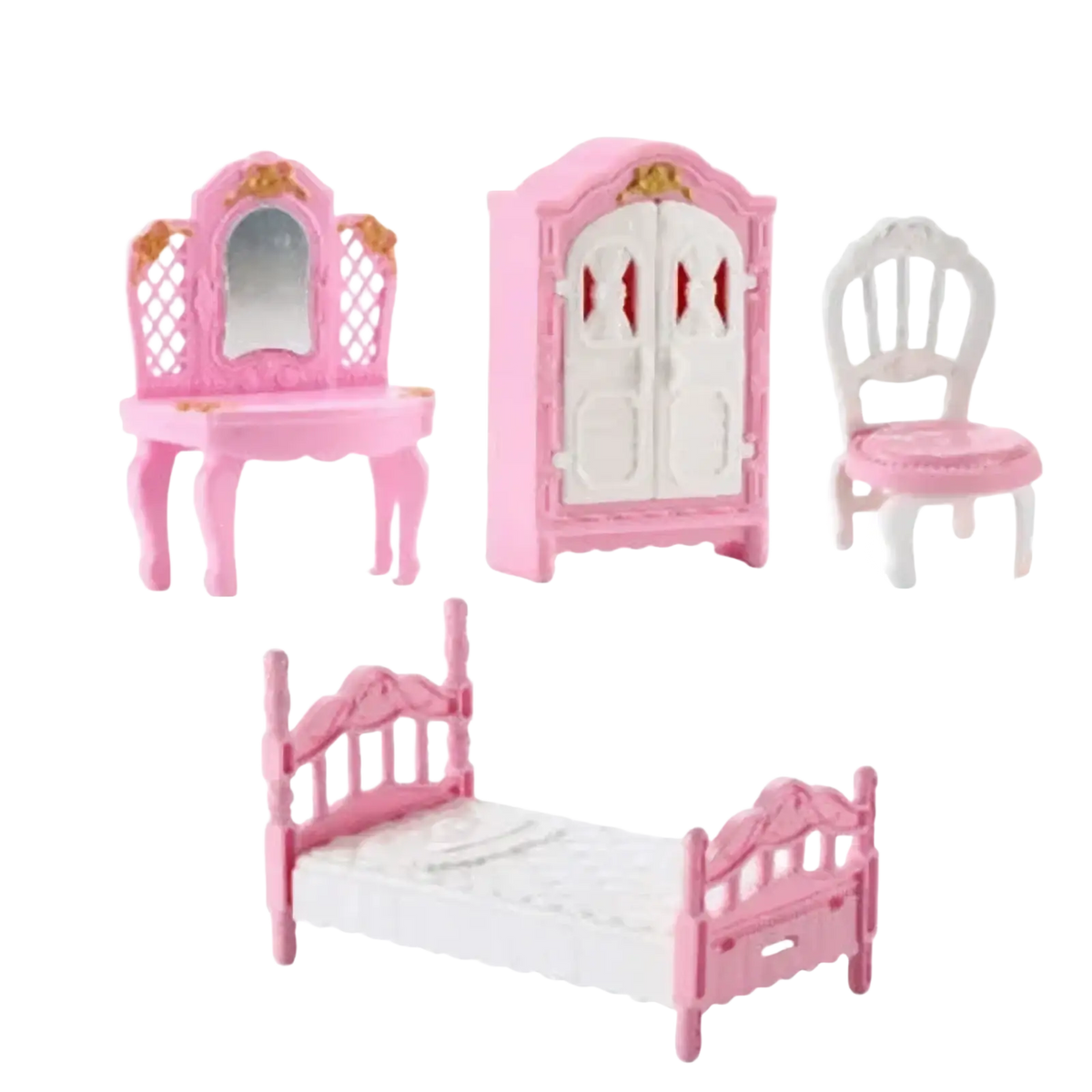 1 12 miniature dollhouse furniture set pink plastic bedroom with white accents and gold detailing