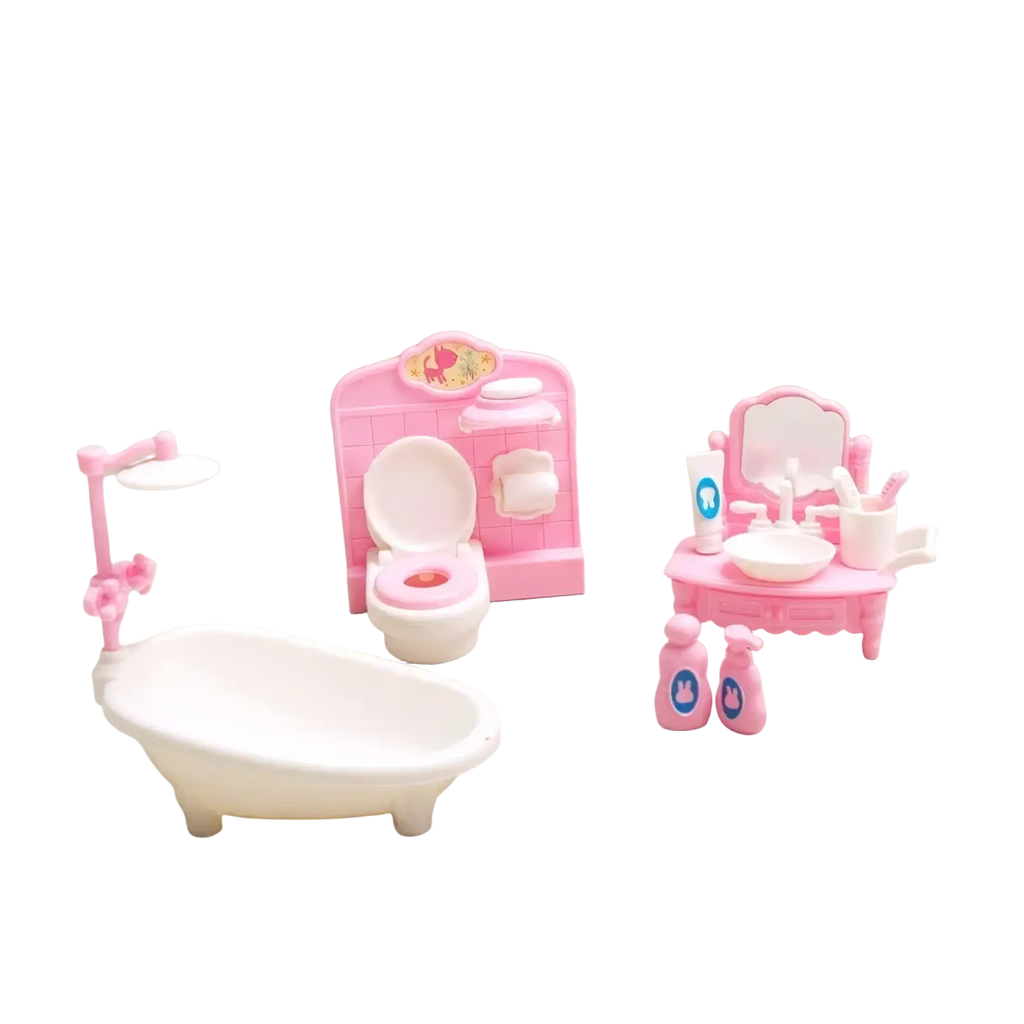 Pink plastic 1:12 miniature dollhouse bathroom set with white bathtub and matching fixtures for dollhouse decor