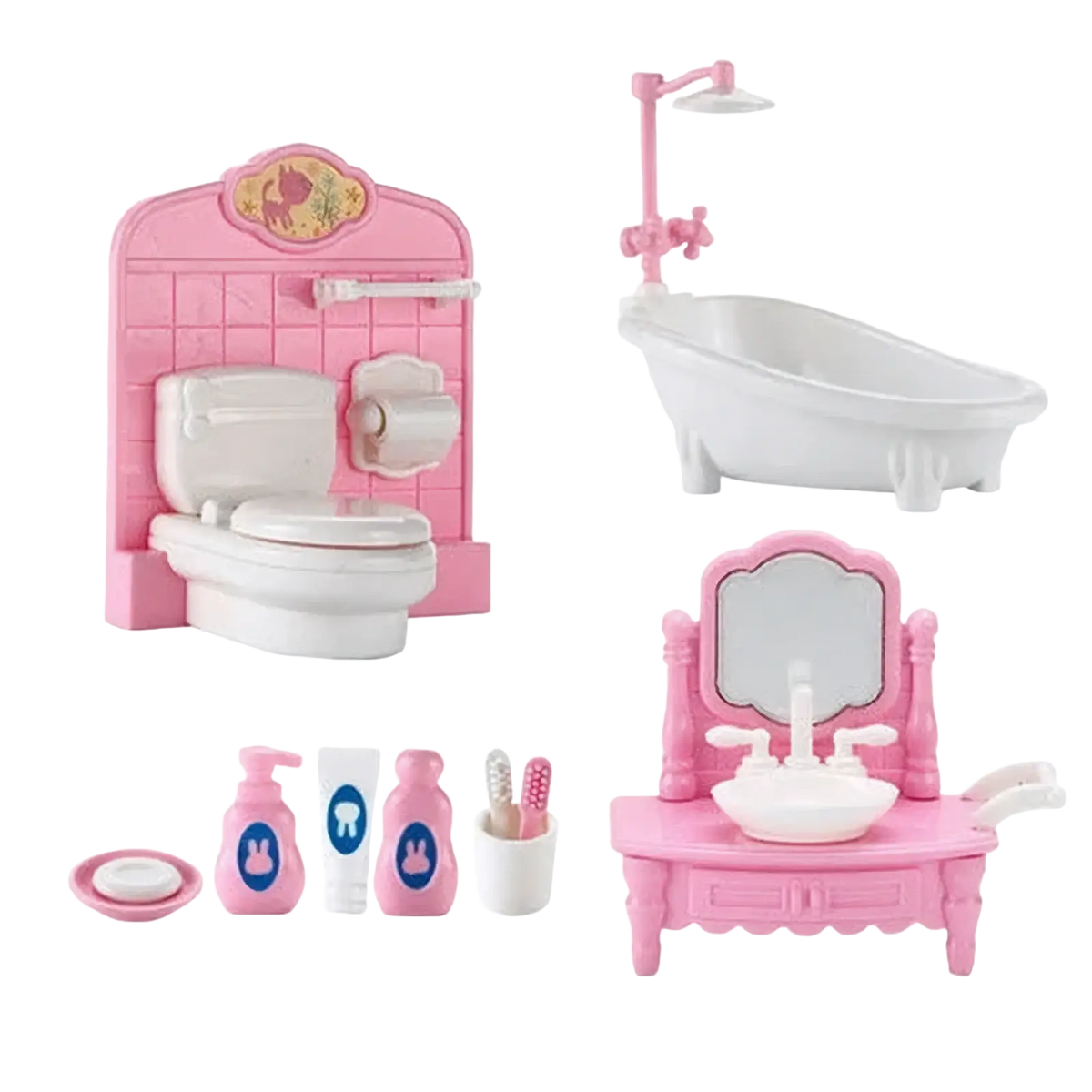 Pink plastic 1:12 miniature dollhouse bathroom set with white fixtures and bunny-themed toiletries