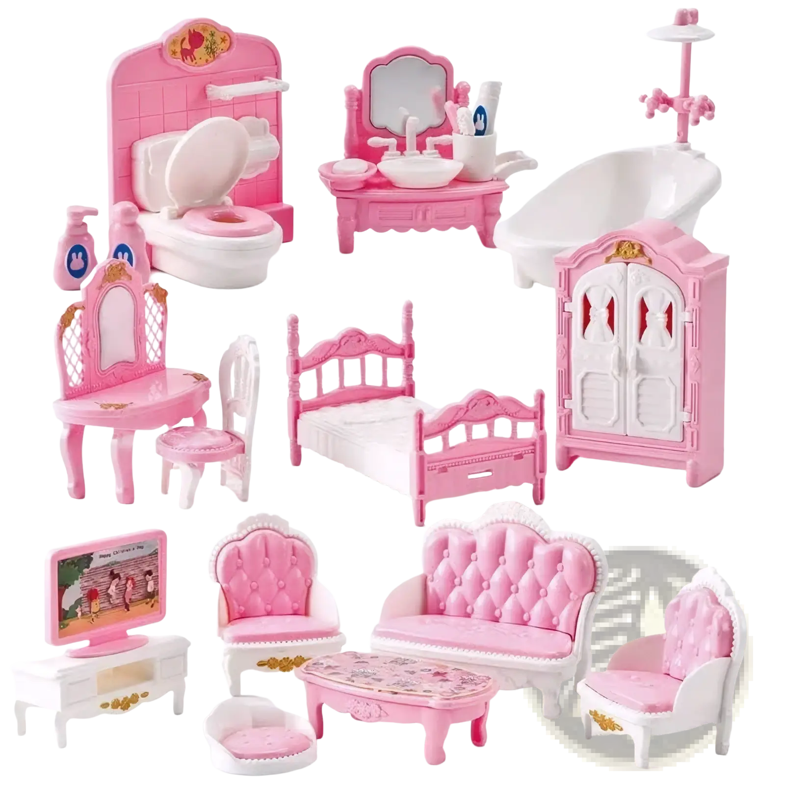 Pink plastic 1:12 miniature dollhouse furniture set with white accents and tufted upholstery for dollhouse decor