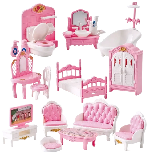 Pink plastic 1:12 miniature dollhouse furniture set with white accents and tufted upholstery for dollhouse decor