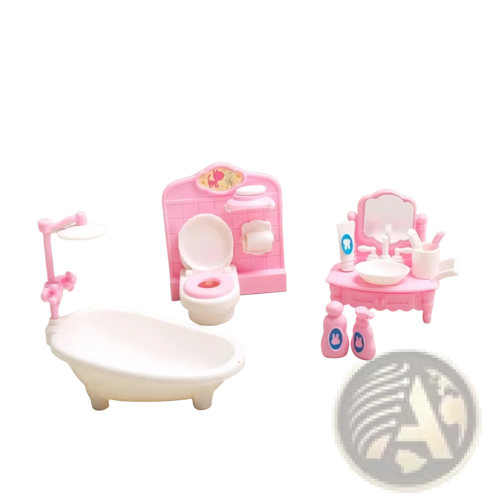 Pink plastic 1:12 miniature dollhouse bathroom set with white bathtub and matching fixtures for dollhouse decor