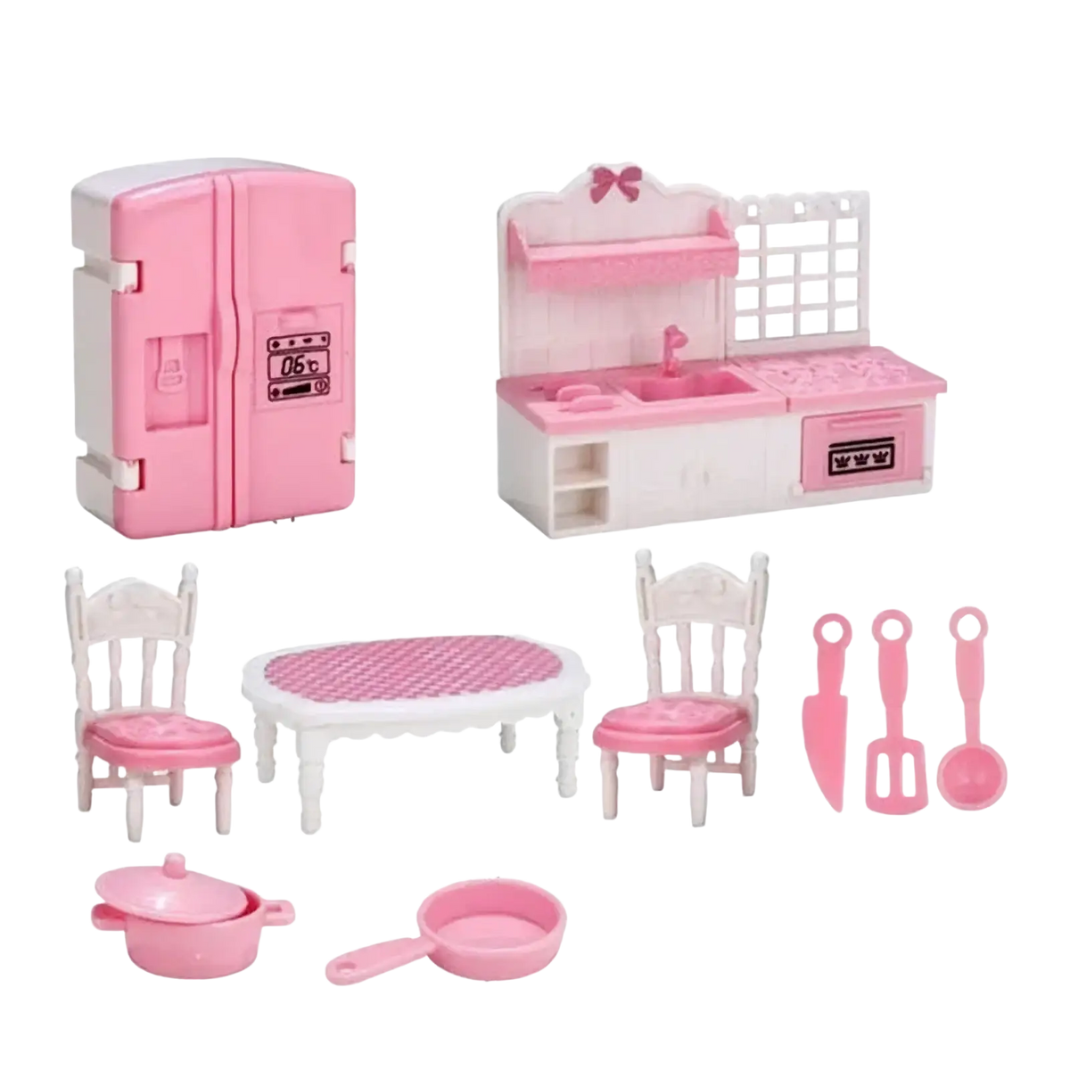 Pink and white plastic 1 12 miniature dollhouse kitchen set with appliances furniture and utensils for dollhouse play