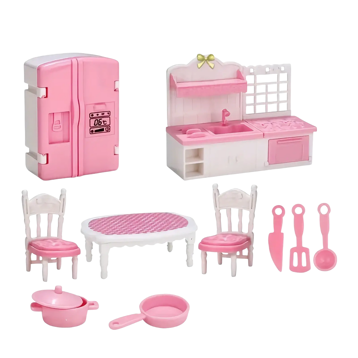 Pink and white plastic 1 12 miniature dollhouse kitchen furniture set with appliances and utensils for dollhouse play
