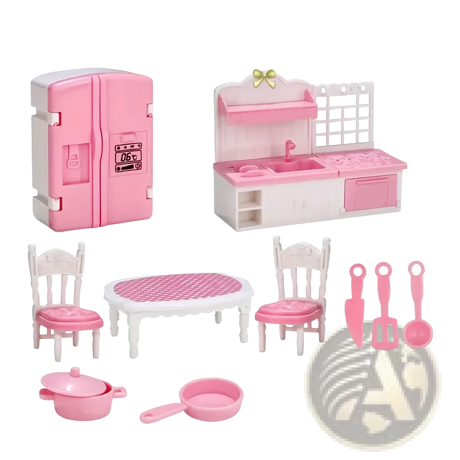 Pink and white plastic 1 12 miniature dollhouse kitchen furniture set with appliances and utensils for dollhouse play