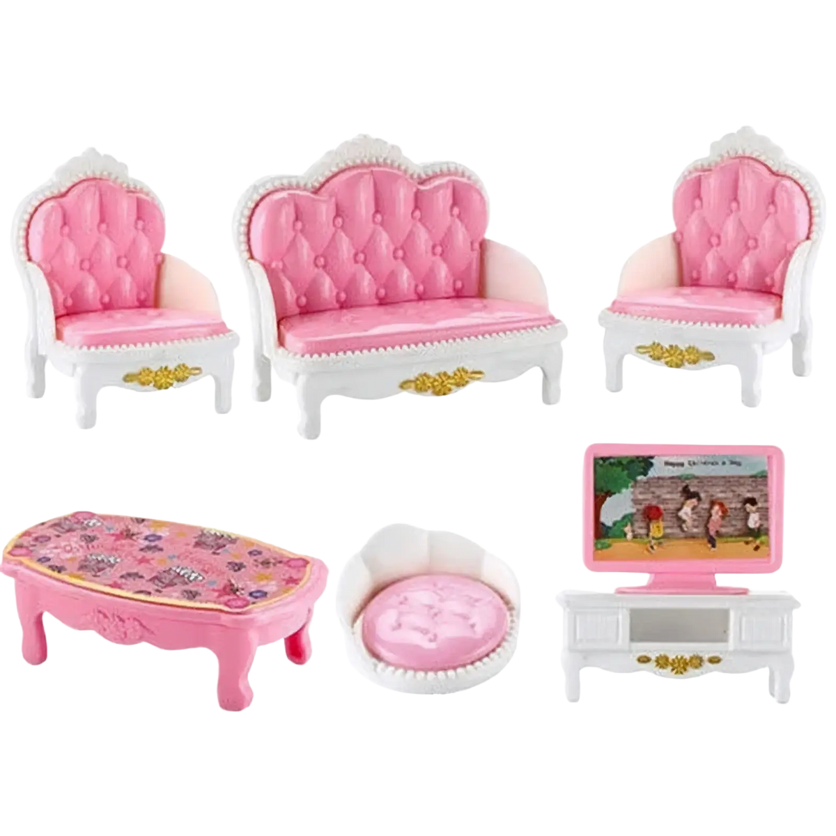 1 12 miniature dollhouse furniture set featuring pink and white tufted upholstery with gold accents