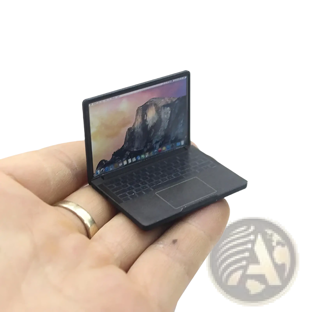 1 12 miniature black laptop dollhouse accessory with detailed mountain landscape screen and authentic keyboard layout