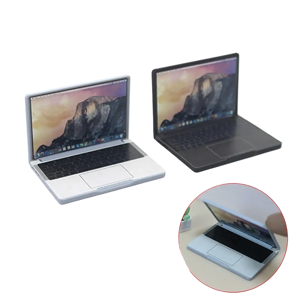 1 12 miniature silver and black laptop models with detailed keyboards touchpads and screen displays for dollhouses