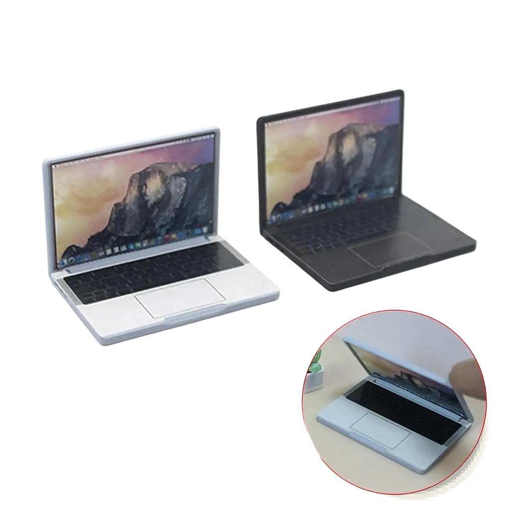 1 12 miniature silver and black laptop models with detailed keyboards touchpads and screen displays for dollhouses