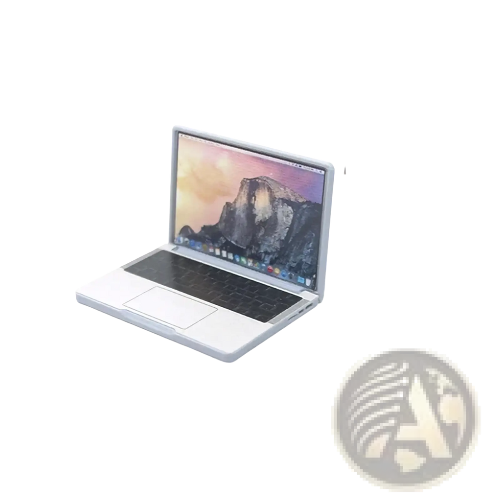 Miniature white laptop 1:12 scale dollhouse accessory with sleek minimalist design and illuminated mountain landscape screen