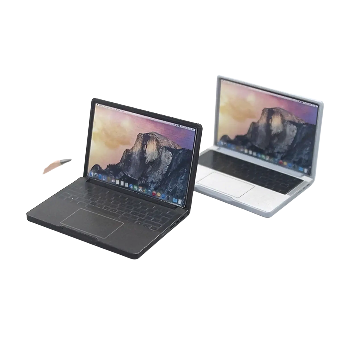 1:12 miniature laptop dollhouse accessory featuring two black and silver mini laptops with mountain wallpaper screens
