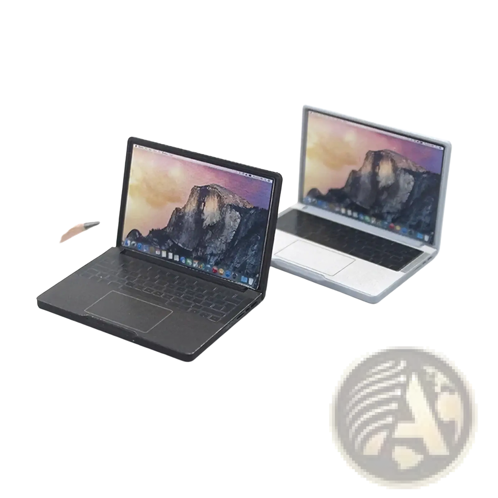 1:12 miniature laptop dollhouse accessory featuring two black and silver mini laptops with mountain wallpaper screens