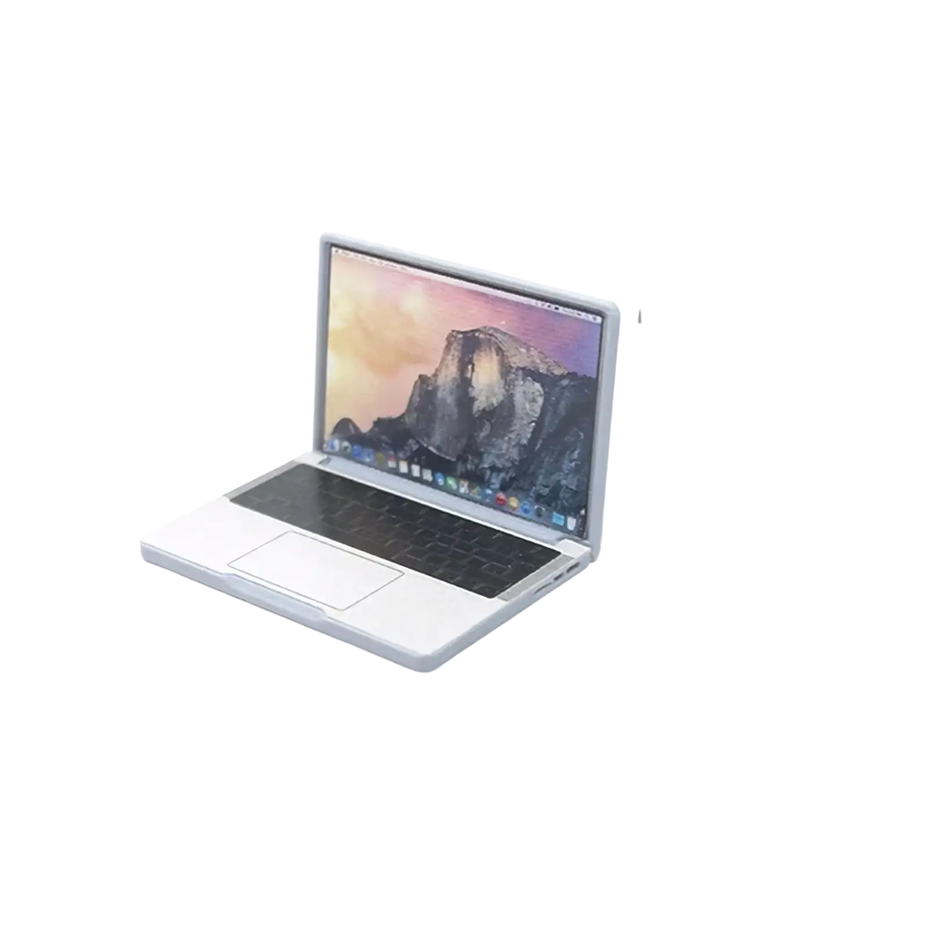 Miniature white laptop 1:12 scale dollhouse accessory with sleek minimalist design and illuminated mountain landscape screen