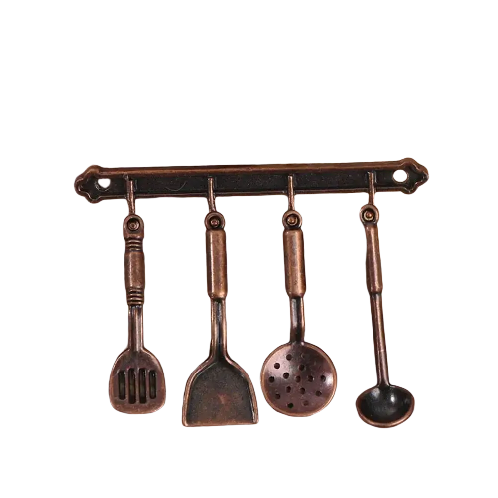 Antique bronze-colored miniature kitchen utensil set with a decorative hanging bar.