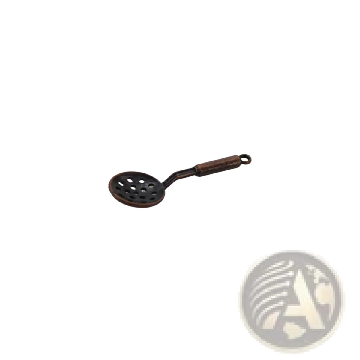 Antique bronze miniature metal slotted spoon charm with textured handle in 1:12 miniature kitchen utensil set