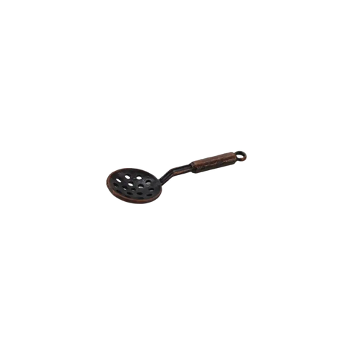 Antique bronze miniature metal slotted spoon charm with textured handle in 1:12 miniature kitchen utensil set
