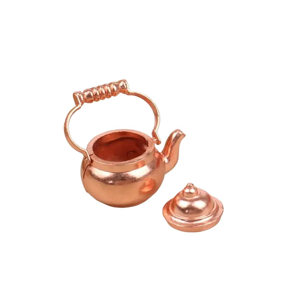 Copper-colored miniature metal teapot with detailed handle spout and matching lid from 1 12 miniature kitchen utensil set