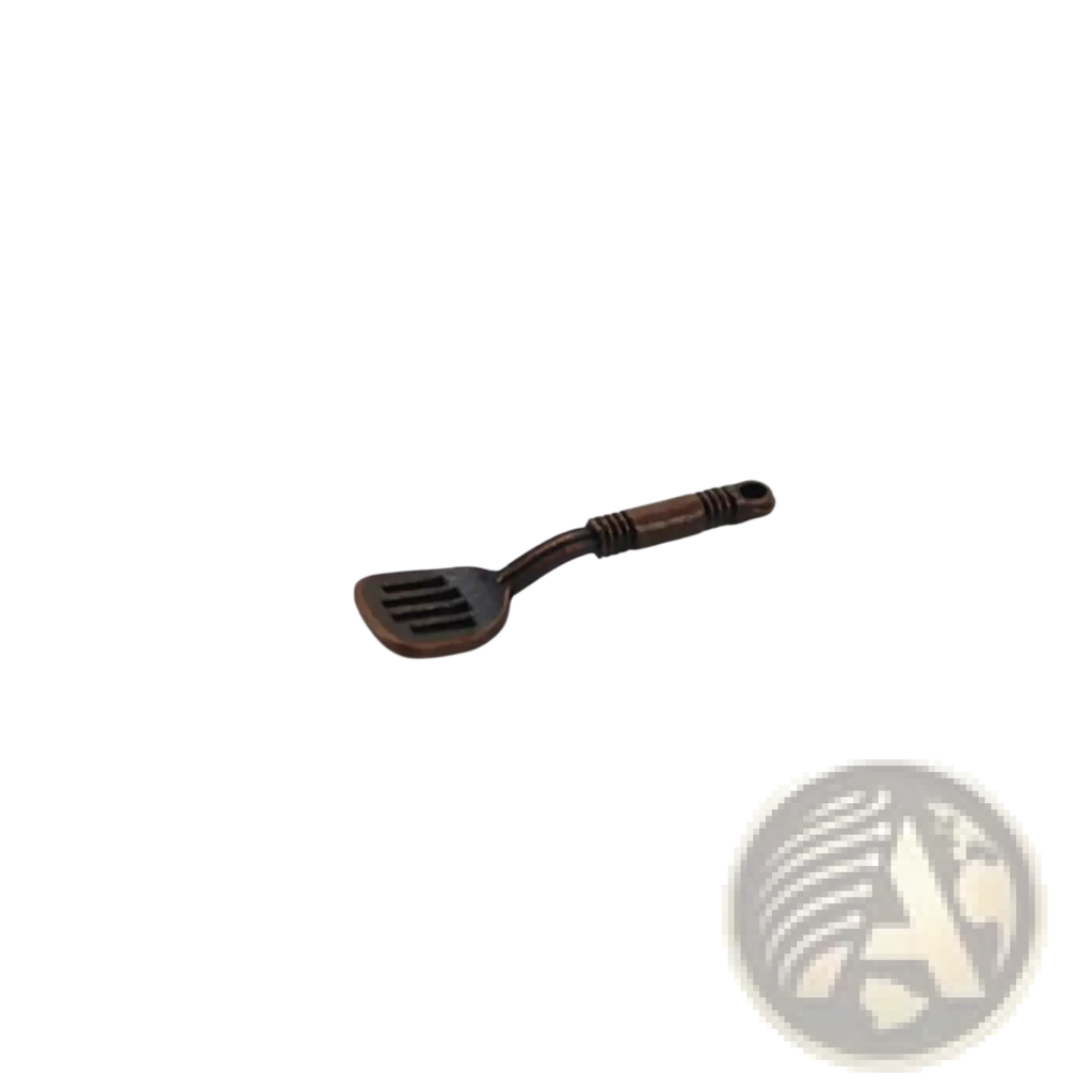 Dark brown miniature metal spatula with textured handle and slotted head from 1:12 miniature kitchen utensil set