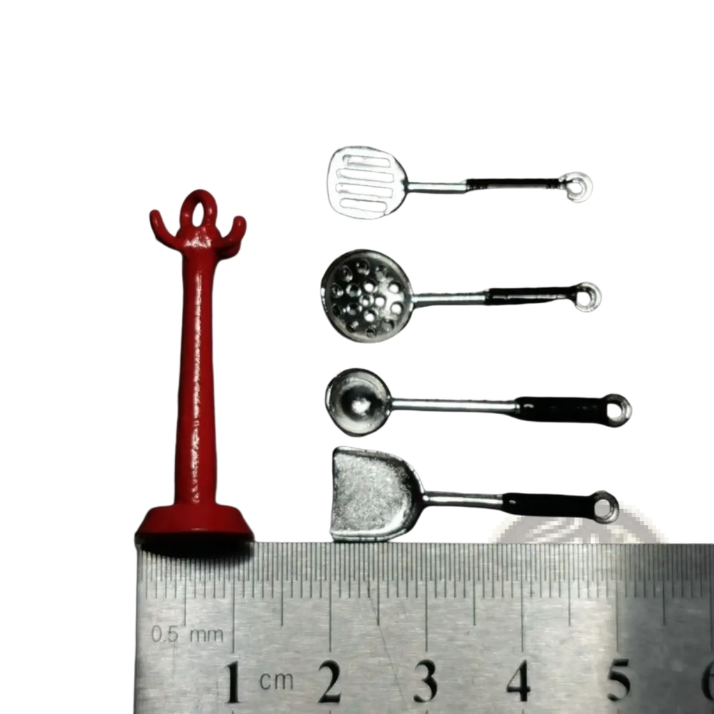 Red painted metal miniature kitchen utensil stand with four silver-toned alloy tools 1:12 miniature metal kitchen utensil set