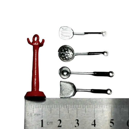 Red painted metal miniature kitchen utensil stand with four silver-toned alloy tools 1:12 miniature metal kitchen utensil set