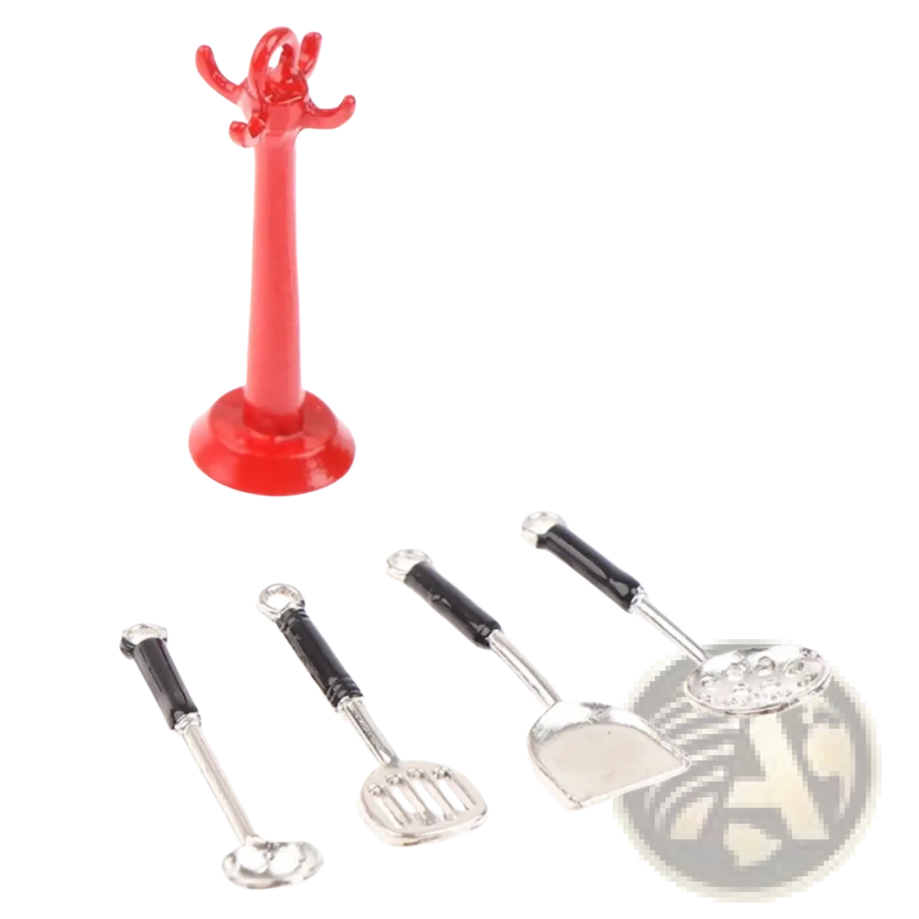 1:12 miniature metal kitchen utensil set with red plastic octopus coat rack holding silver metal spatulas and spoons
