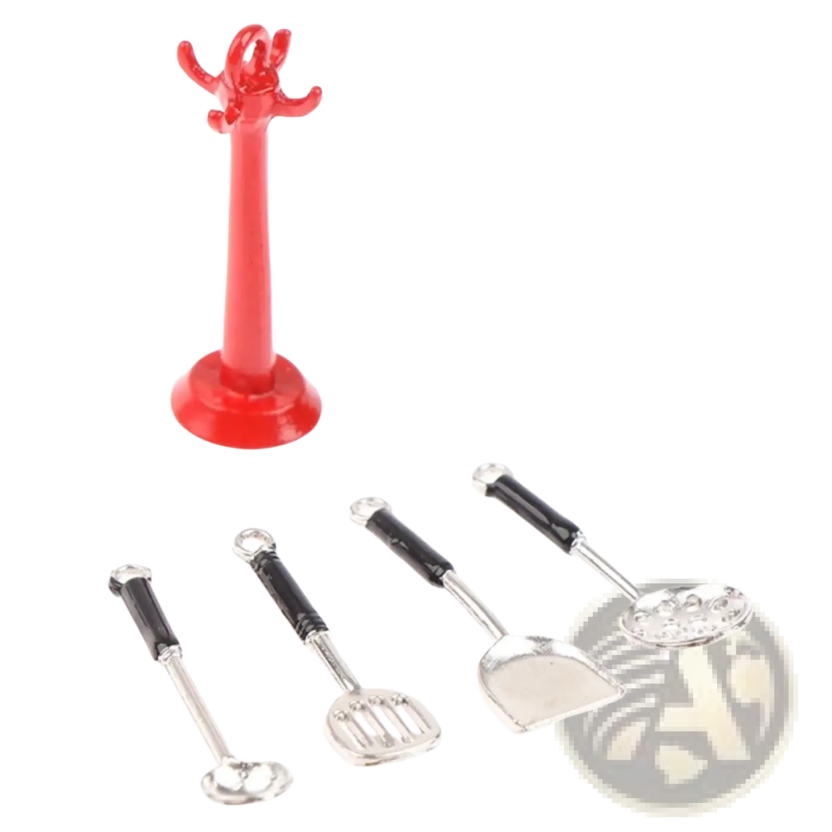 1:12 miniature metal kitchen utensil set with red plastic octopus coat rack holding silver metal spatulas and spoons