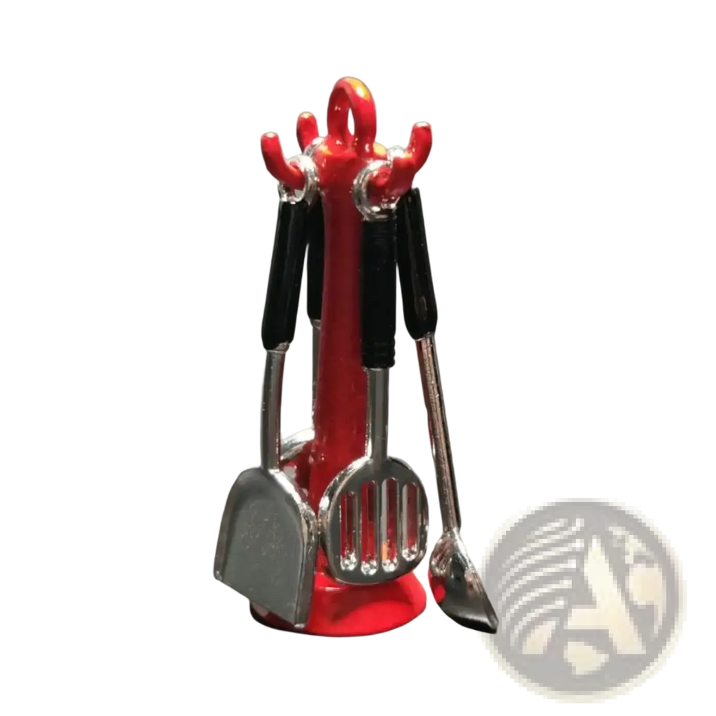 Red plastic kitchen utensil holder with black handles containing silver miniature metal kitchen tools in 1 12 set