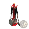 Red plastic kitchen utensil holder with black handles containing silver miniature metal kitchen tools in 1 12 set