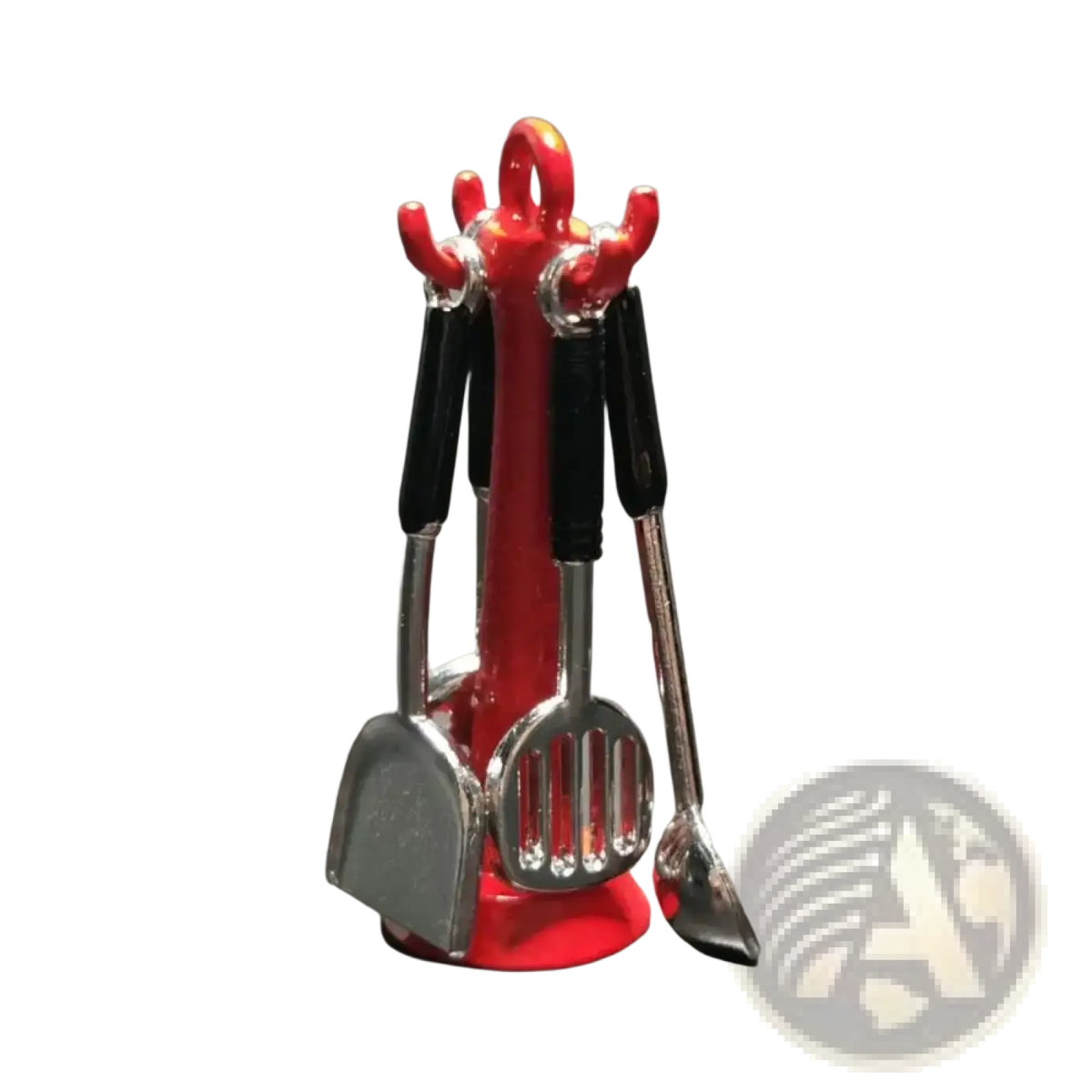 Red plastic kitchen utensil holder with black handles containing silver miniature metal kitchen tools in 1 12 set