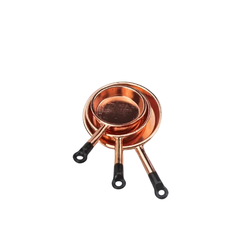 Set of three copper-colored miniature metal frying pans with black handles nested in 1 12 miniature kitchen utensil set