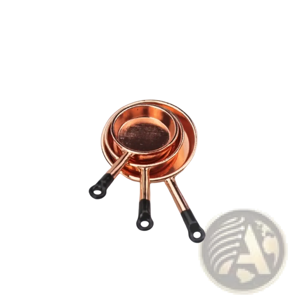 Set of three copper-colored miniature metal frying pans with black handles nested in 1 12 miniature kitchen utensil set