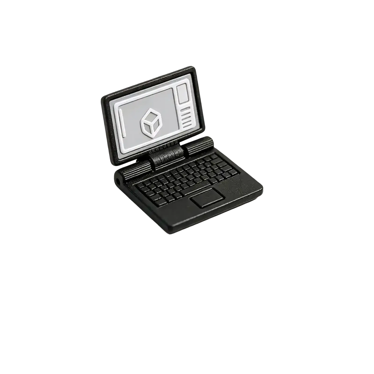 Black plastic lego laptop accessory with detailed keyboard and 3d cube icon screen for 1/12 scale miniature dollhouse