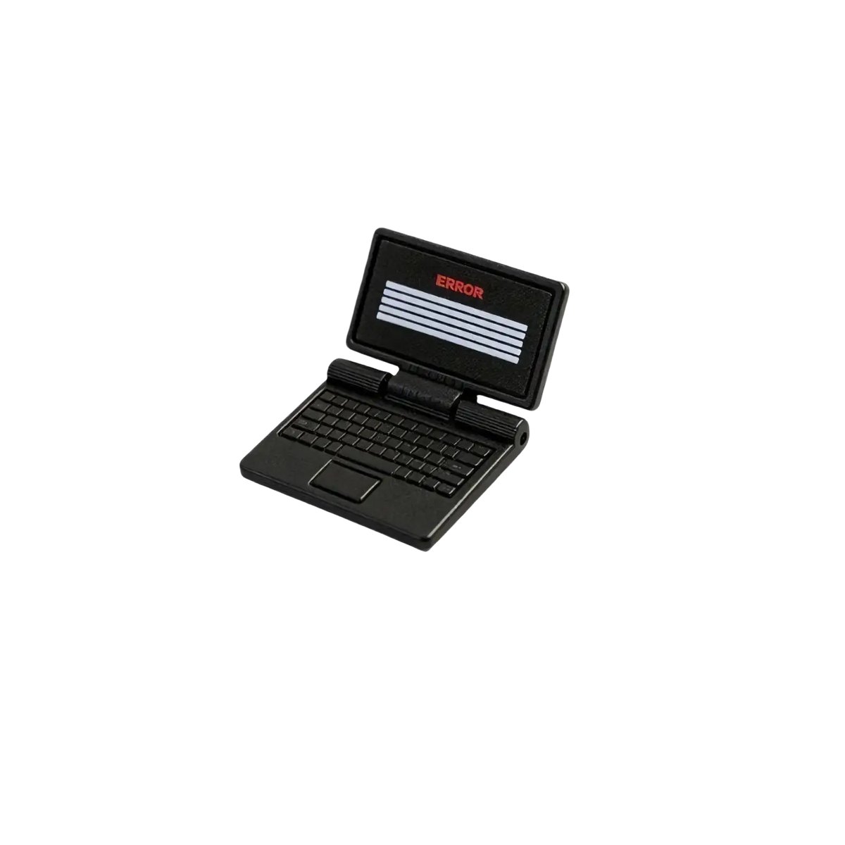 Black miniature laptop-shaped usb drive with error screen in red above white lines 1/12 scale dollhouse accessory