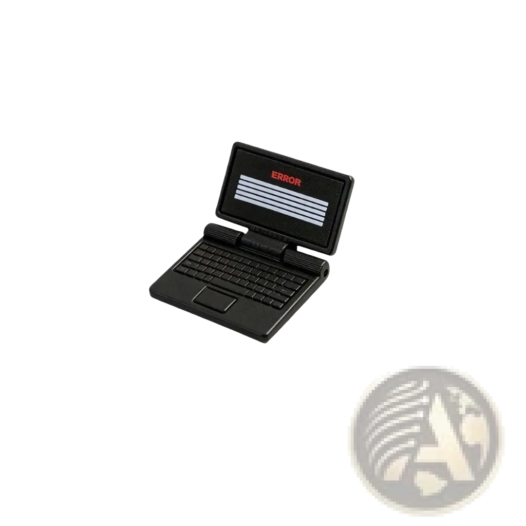 Black miniature laptop-shaped usb drive with error screen in red above white lines 1/12 scale dollhouse accessory