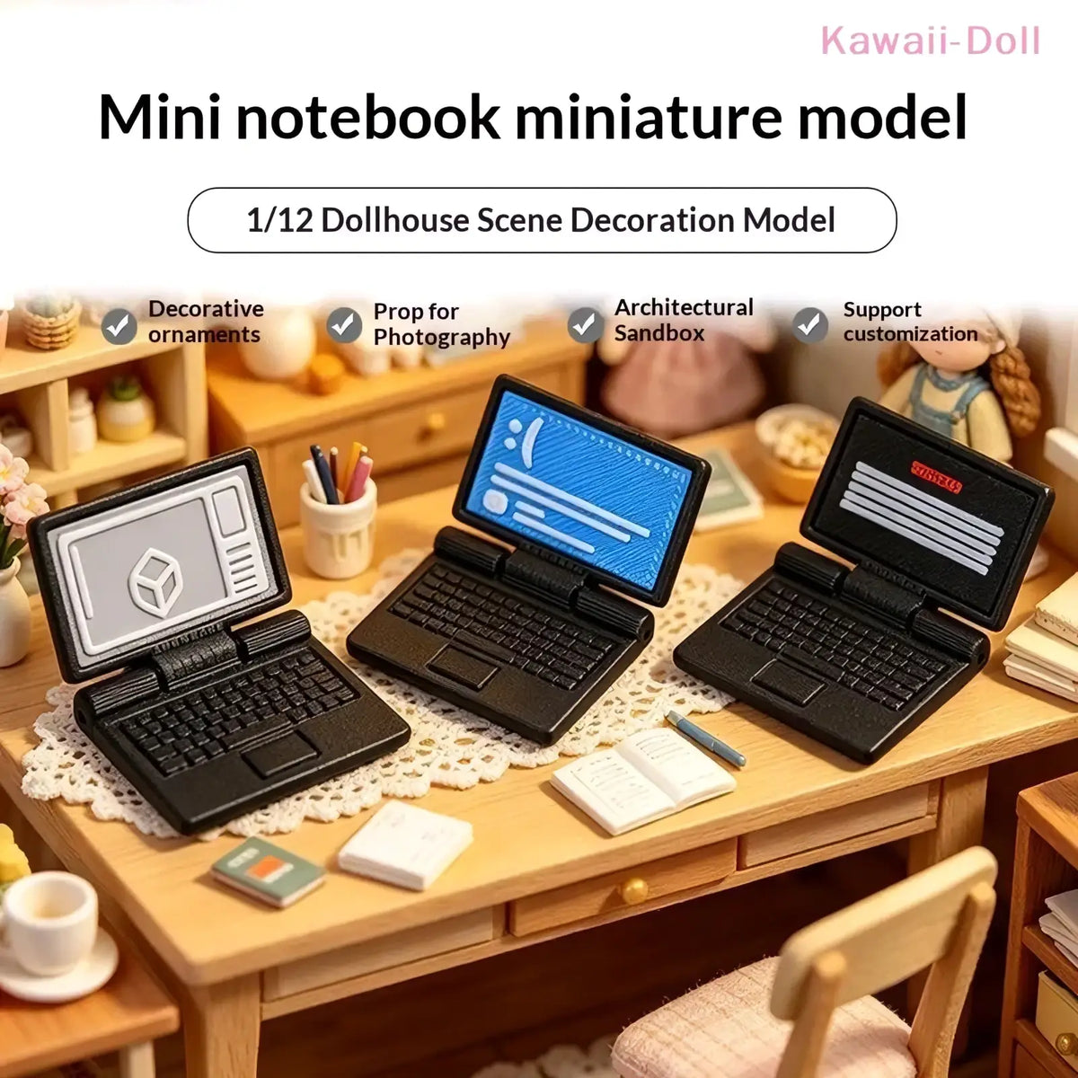 Three black miniature laptop models with detailed keyboards and screens for 1/12 scale dollhouse decoration