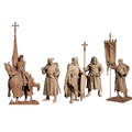 Set of five unpainted beige resin medieval knight model kit figurines featuring distinct armor weapons and banners