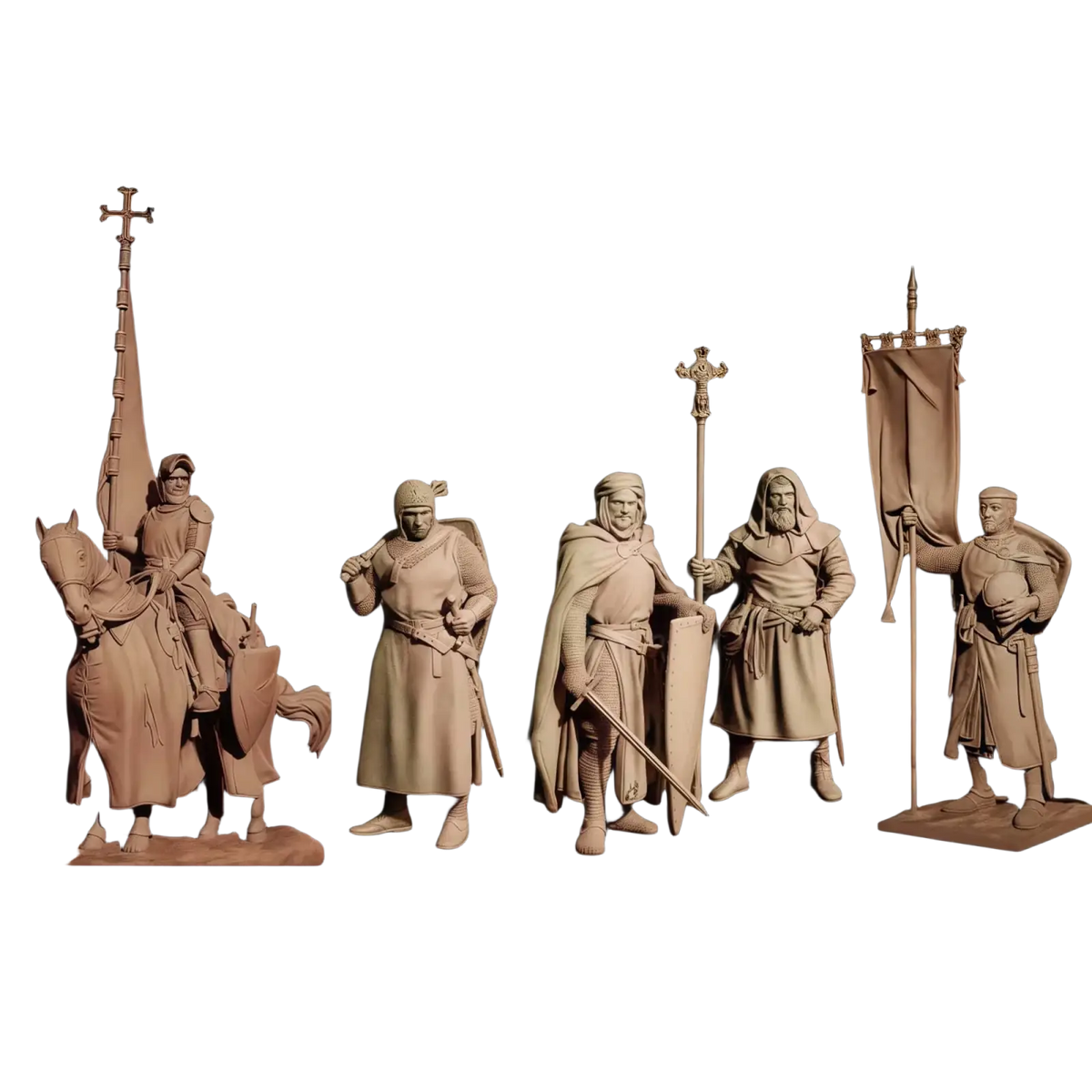 Set of five unpainted beige resin medieval knight model kit figurines featuring distinct armor weapons and banners