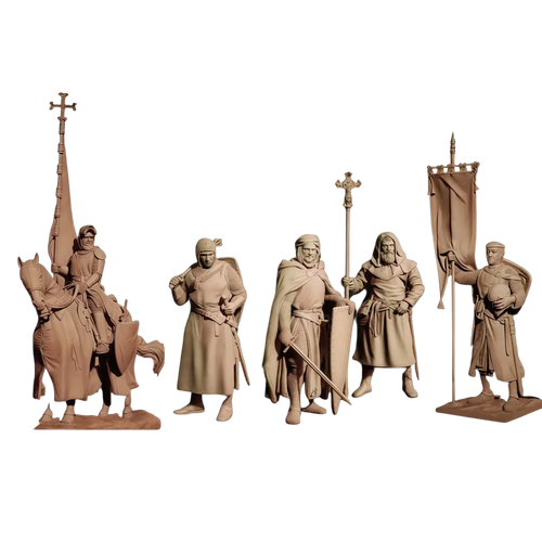 Set of five unpainted beige resin medieval knight model kit figurines featuring distinct armor weapons and banners