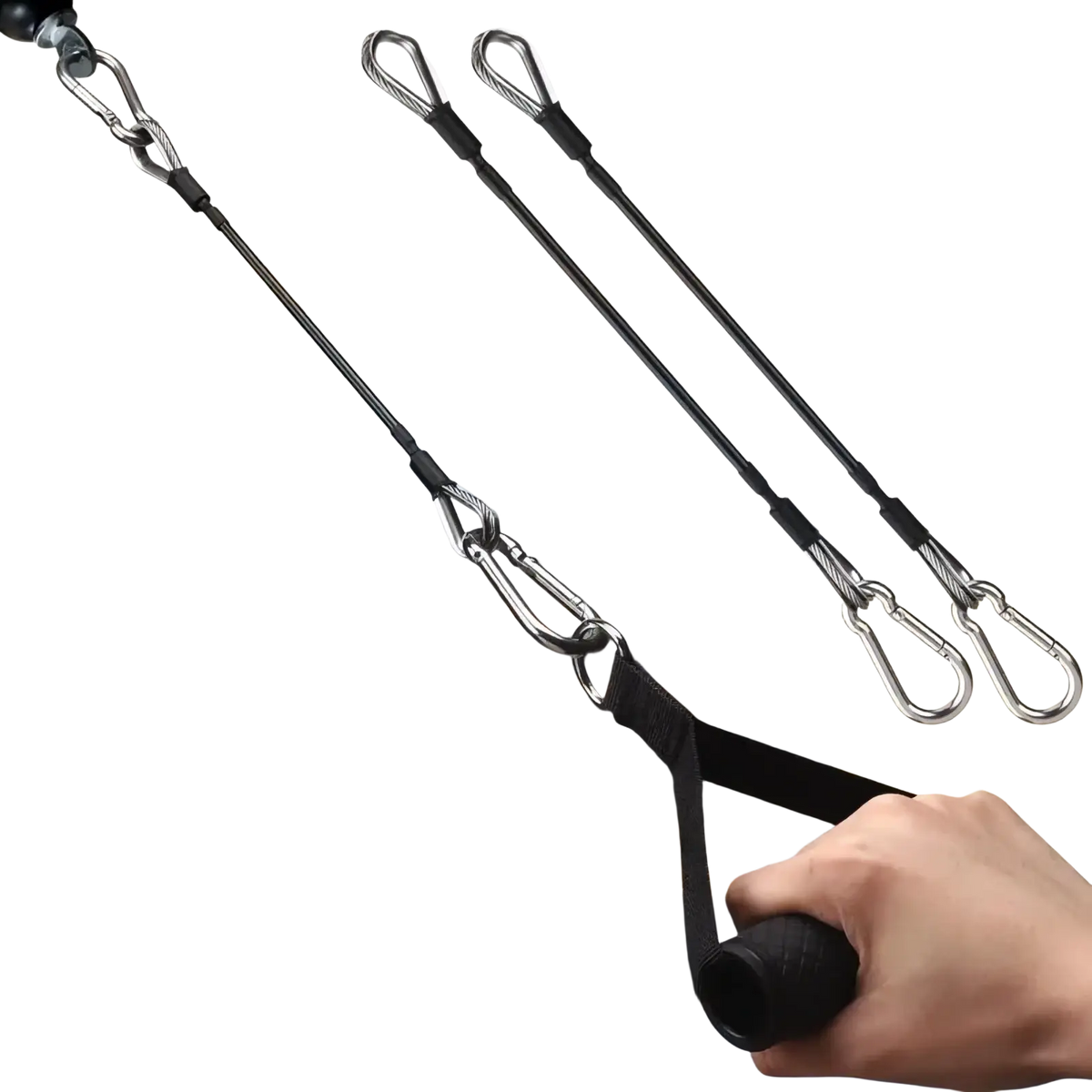 Black gym cable extension for bowflex home gym with textured grip handle and metal carabiner attachments
