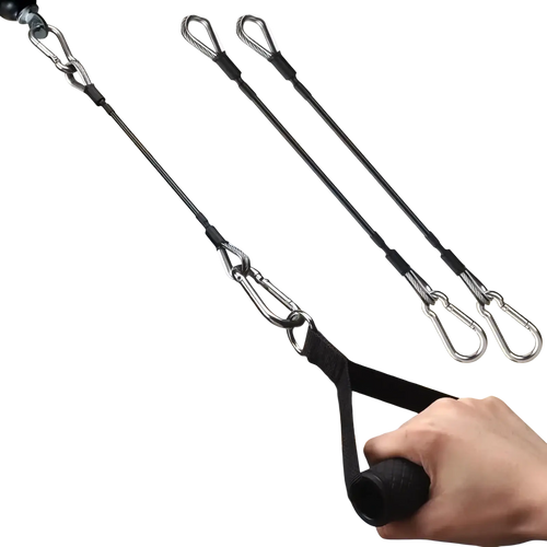 Black gym cable extension for bowflex home gym with textured grip handle and metal carabiner attachments