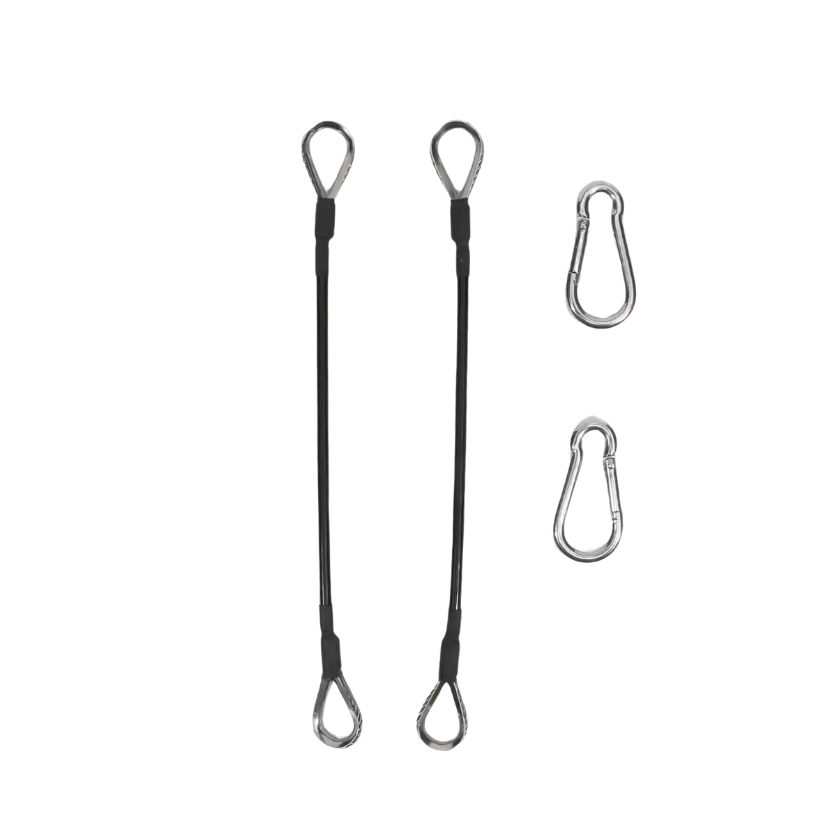 Gym cable extension for bowflex home gym featuring two black webbing straps with metal eyelets and silver carabiners