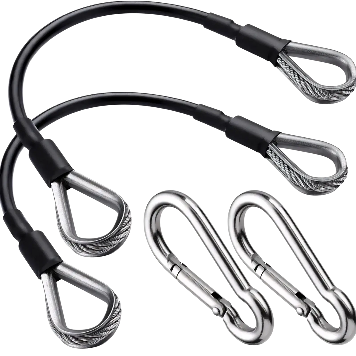 Black-coated steel cable ties with stainless steel wire loops and matching carabiners for gym cable extension Bowflex home gym