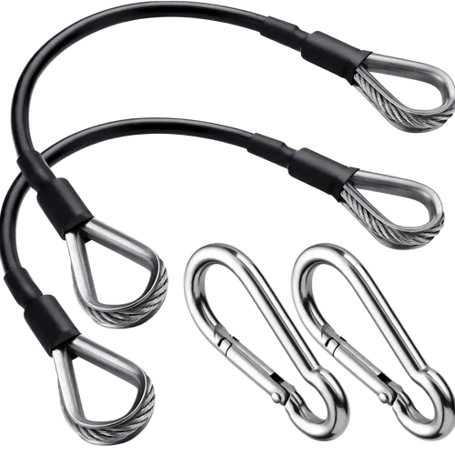 Black-coated steel cable ties with stainless steel wire loops and matching carabiners for gym cable extension Bowflex home gym
