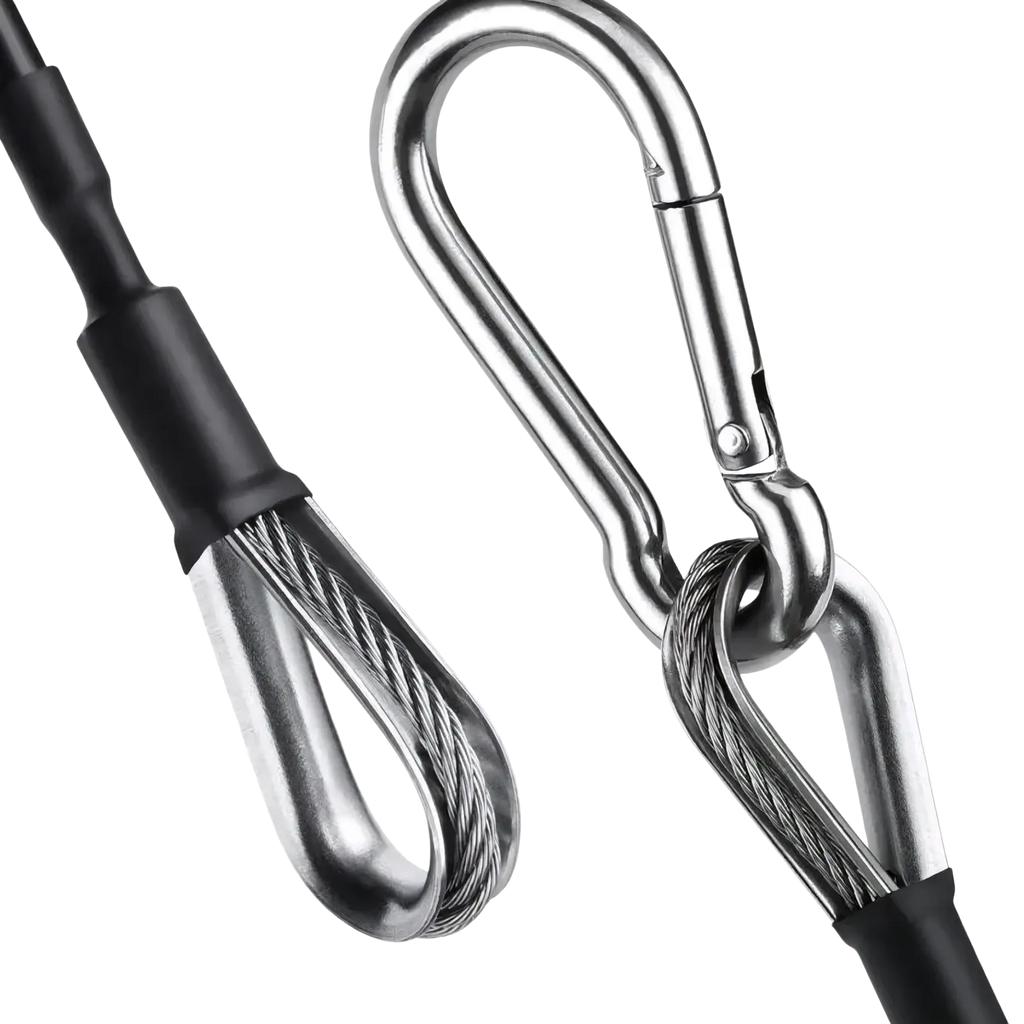 Silver stainless steel carabiner with black rubber-coated ends and braided wire rope for gym cable extension bowflex home gym