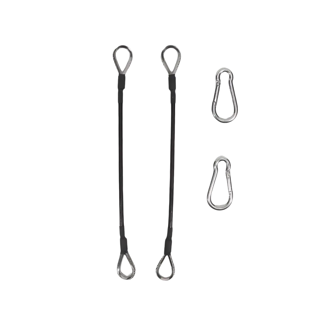 Black gym cable extension straps for bowflex home gym with silver metal loops and carabiners for secure attachment