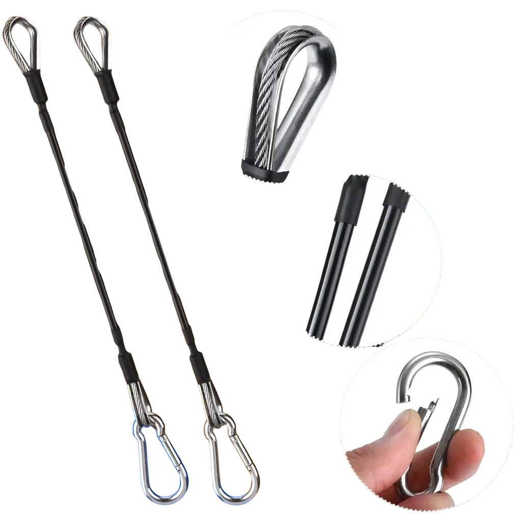 Black and silver gym cable extension straps with reinforced metal carabiners for Bowflex home gym use