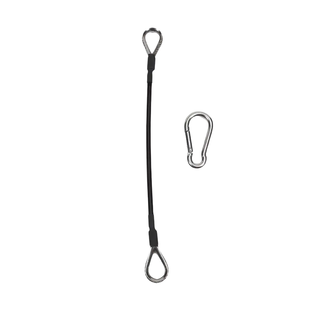 Black braided steel gym cable extension for bowflex home gym with silver metal eye loops and carabiner clip