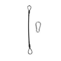 Black braided steel gym cable extension for bowflex home gym with silver metal eye loops and carabiner clip