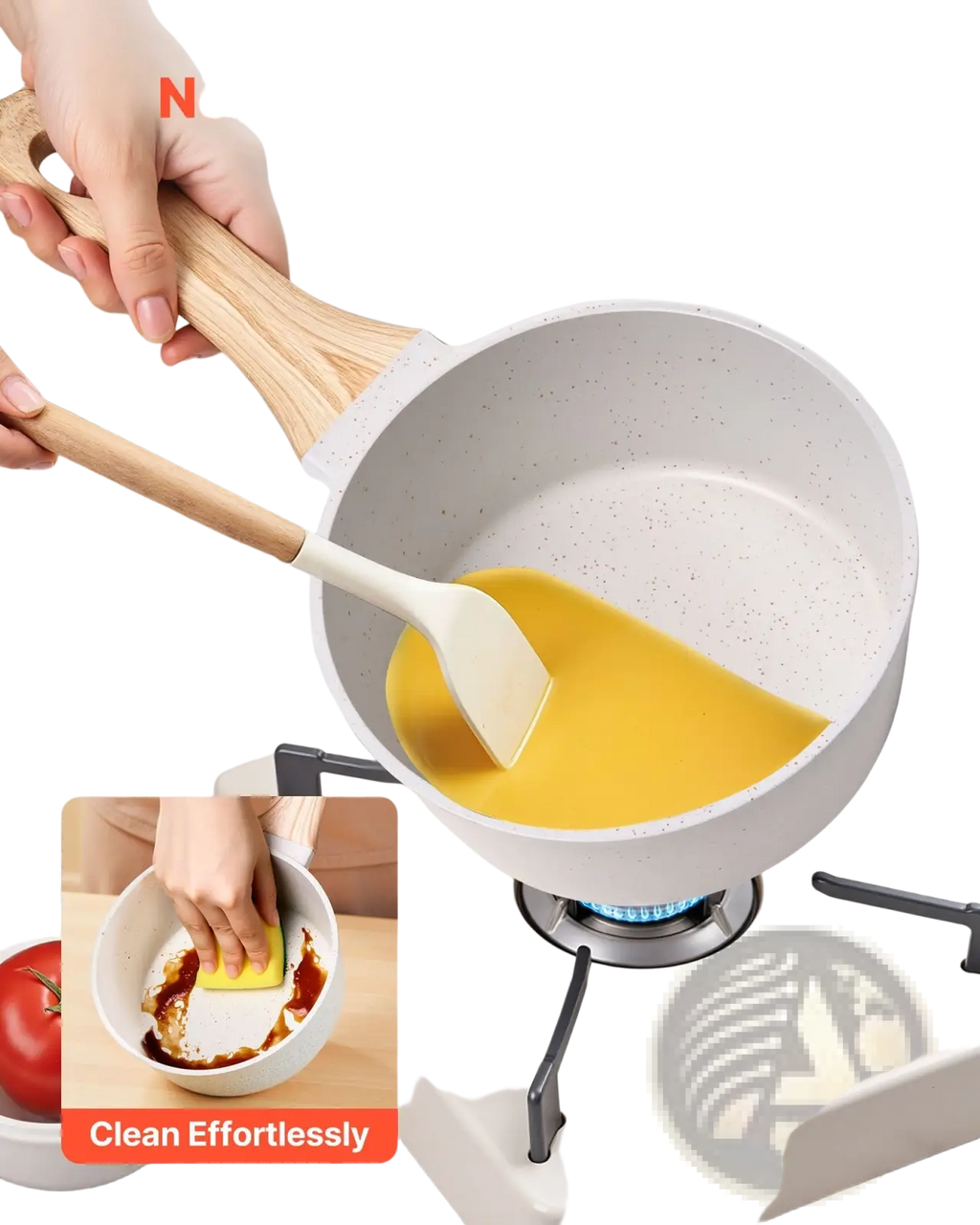 White speckled 1.5 qt nonstick saucepan with detachable wooden handle and matching spatula for easy cooking